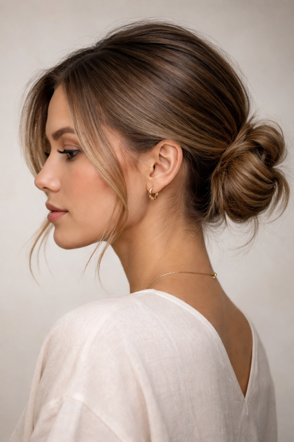 Close-up of a shoulder-length smooth-side messy bun with a sleek side and soft wisps.