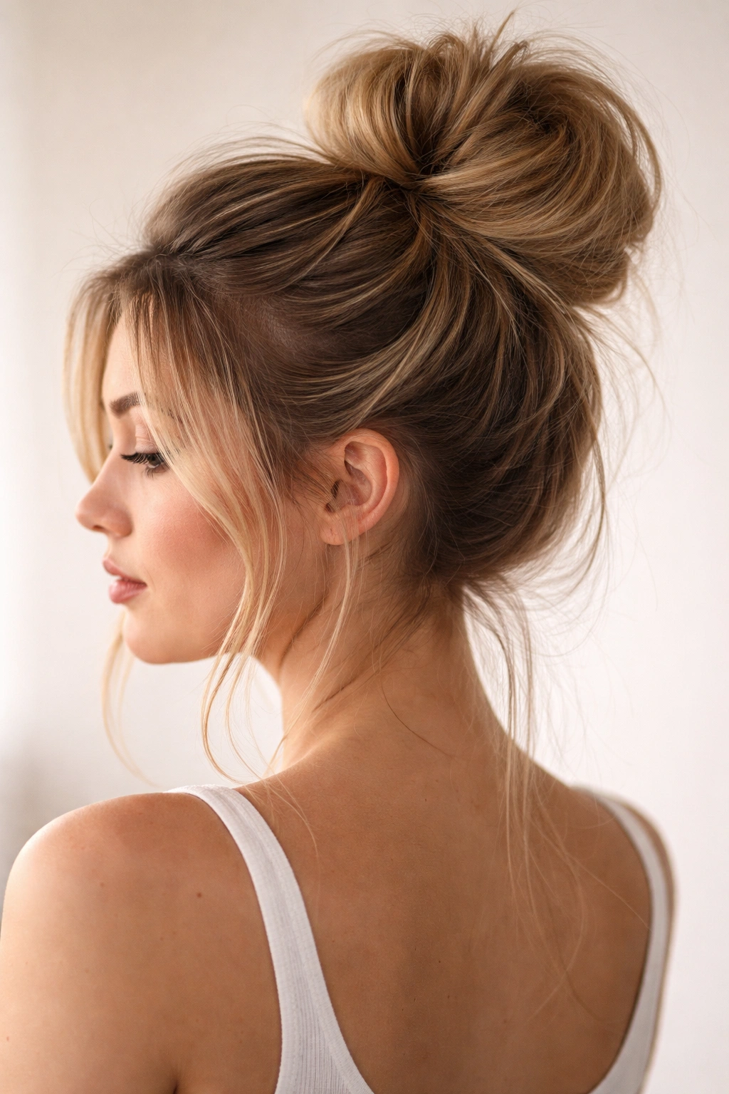 Close-up of a classic tousled messy bun on straight hair with face-framing wisps and crown height