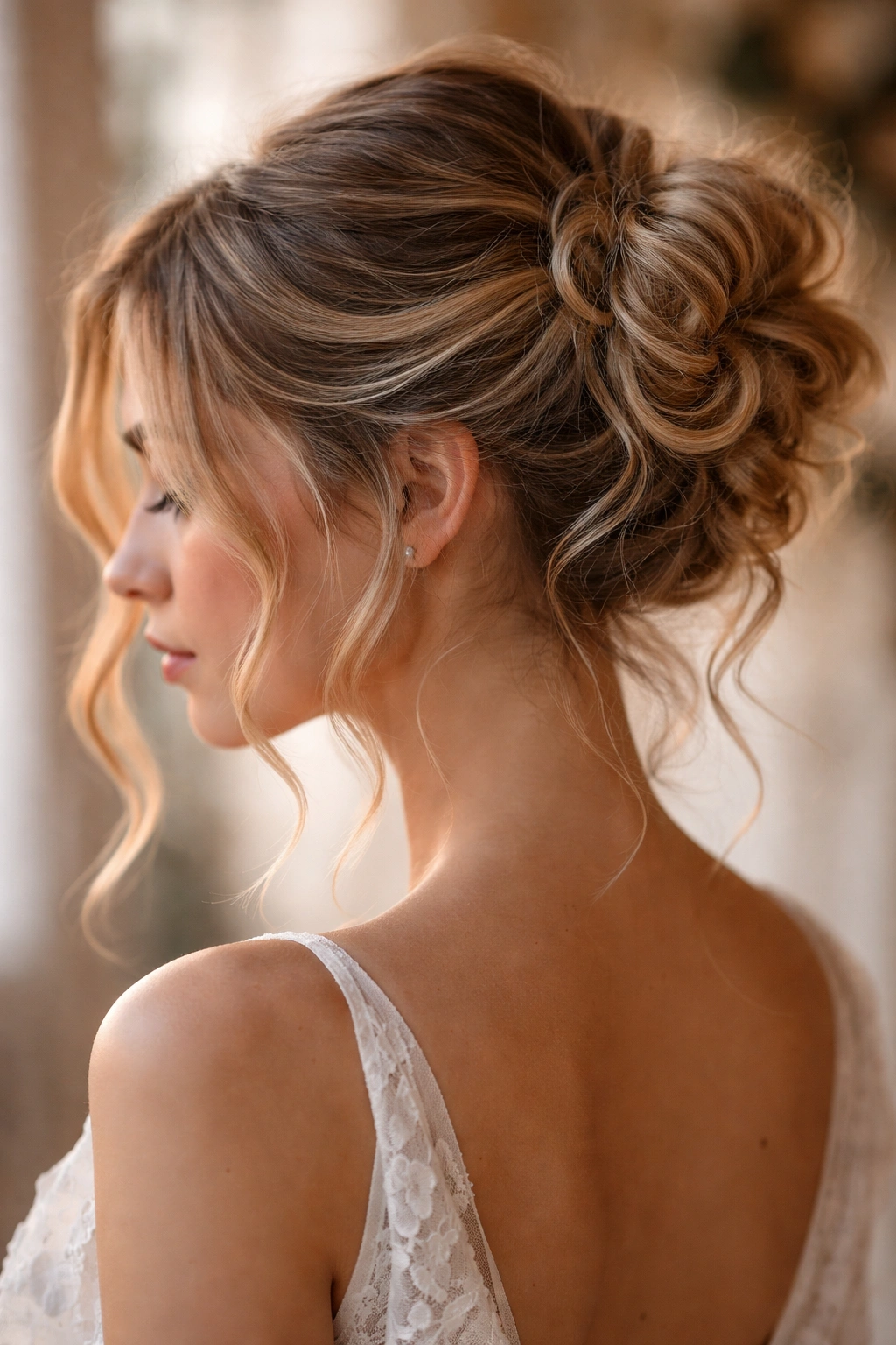 Messy bun with wavy tendrils framing the face