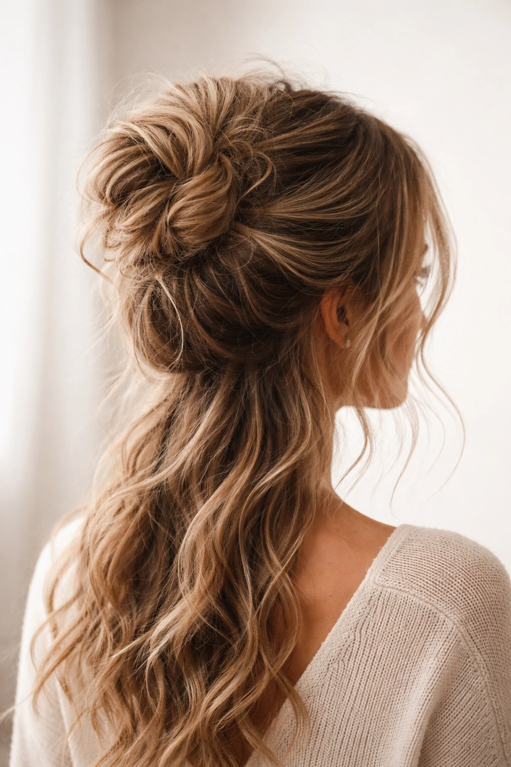 Textured Messy Bun with Waves showing a loose bun and visible waves