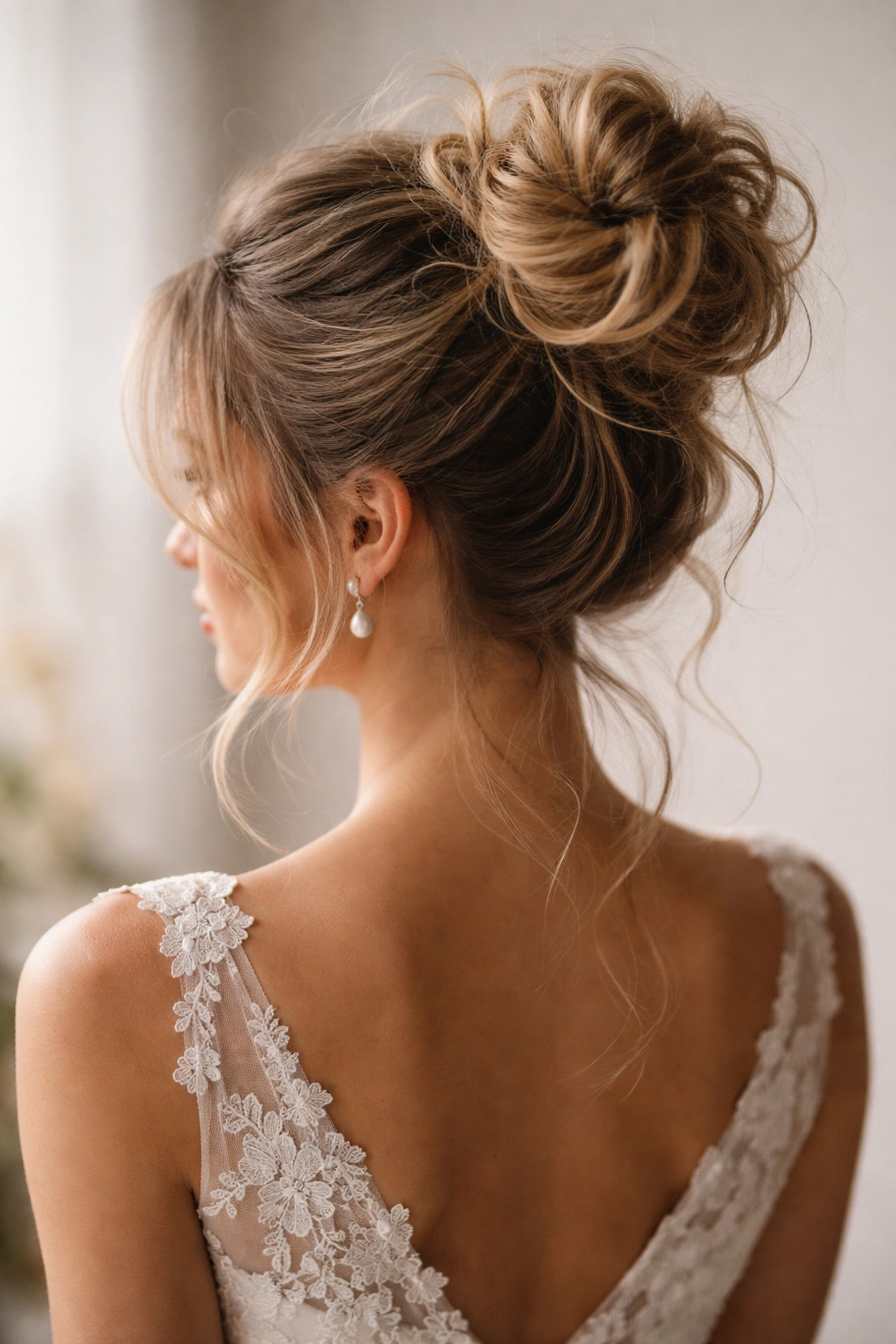 Back view of a high messy bun with soft strands, bridal hair styling.