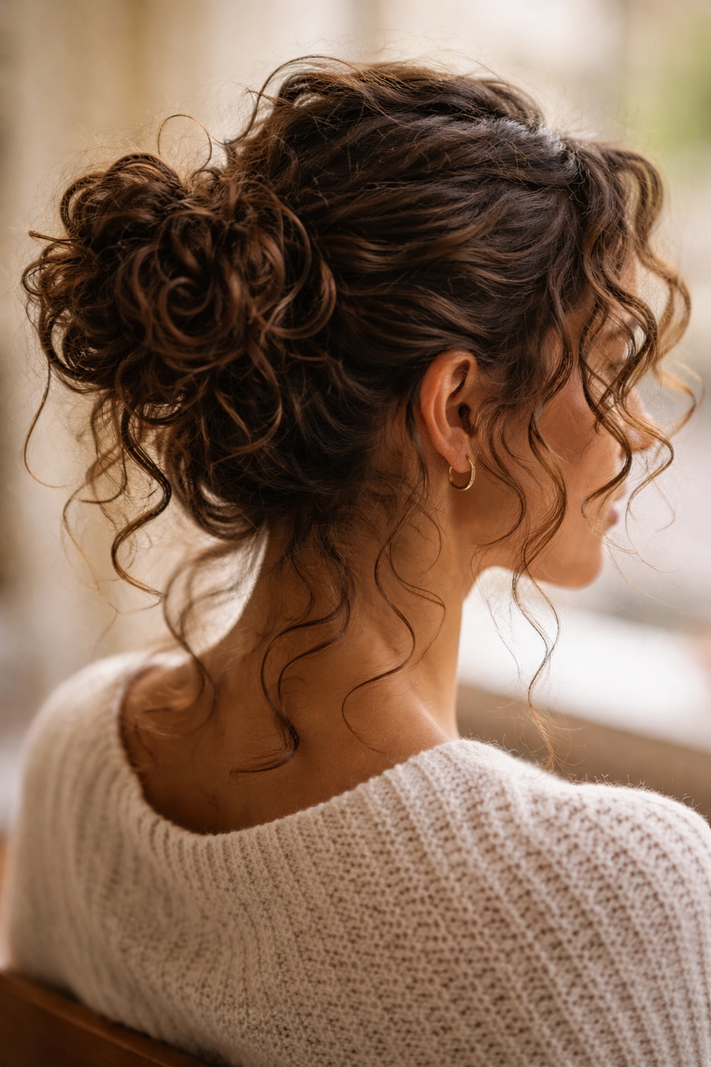 Messy bun on curly hair showing texture and curl definition