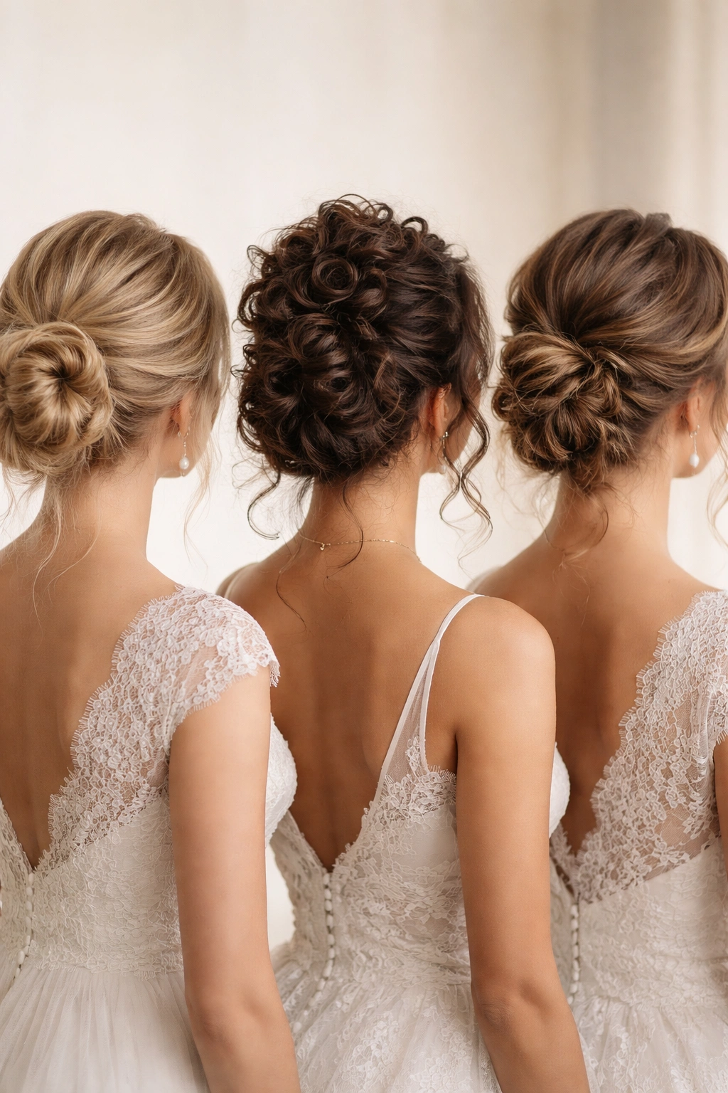 Close-up trio of bridal messy buns showing different hair textures on a neutral backdrop
