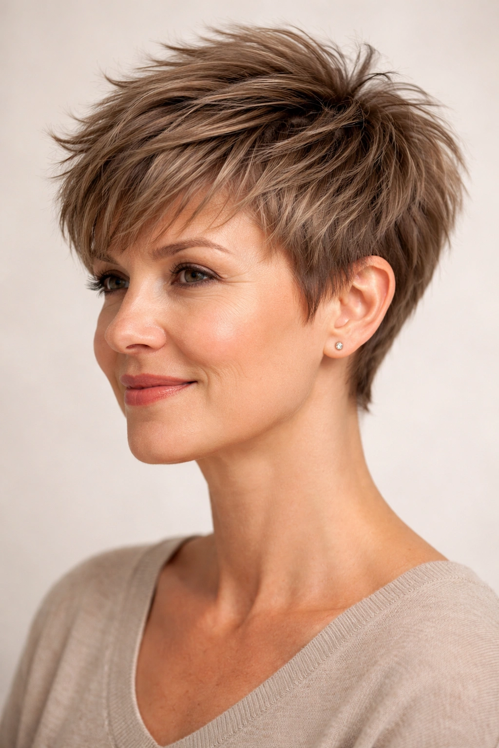 Messy cropped hairstyle with graduated layers showing lift and texture