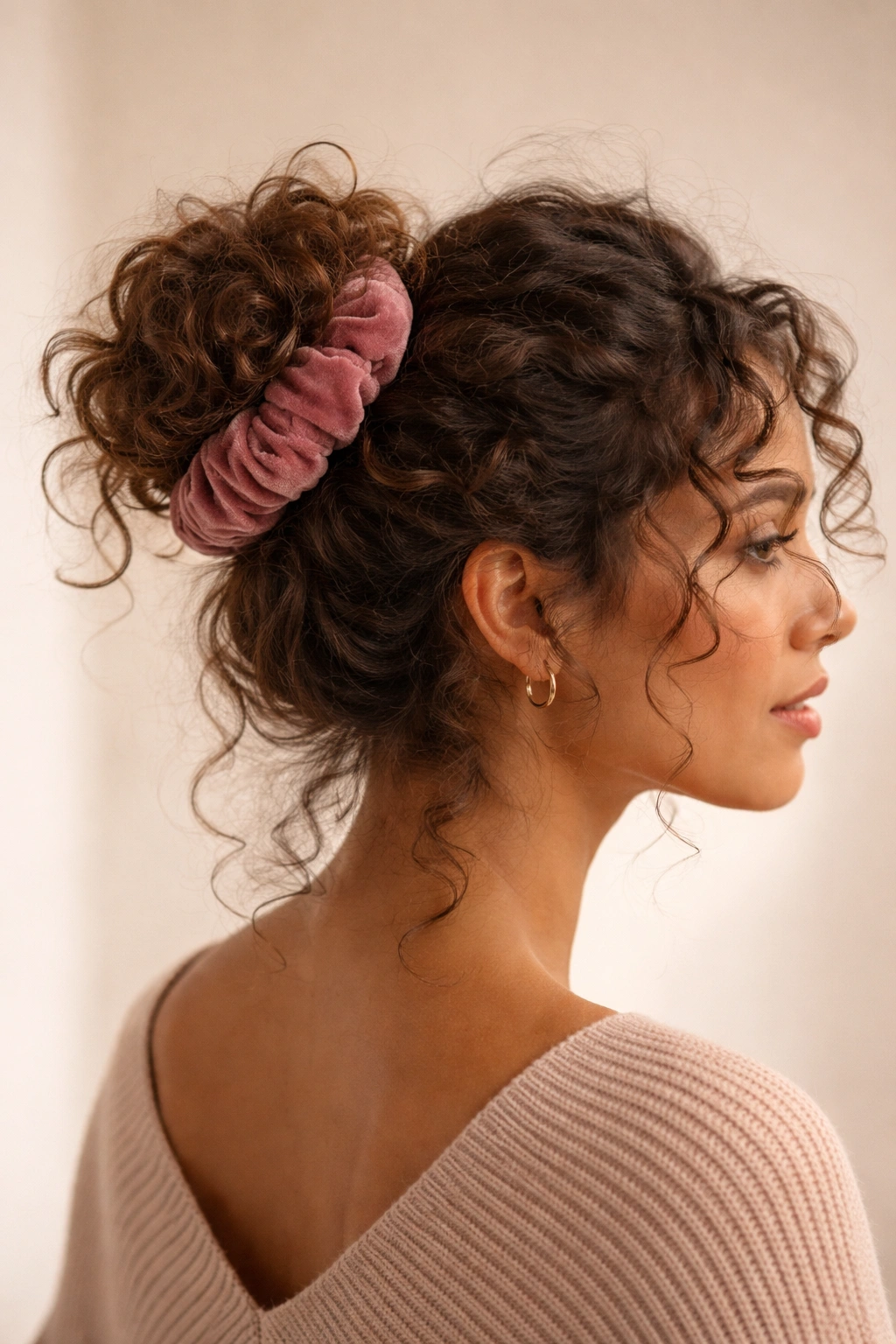 Messy curly bun with a chunky velvet scrunchie