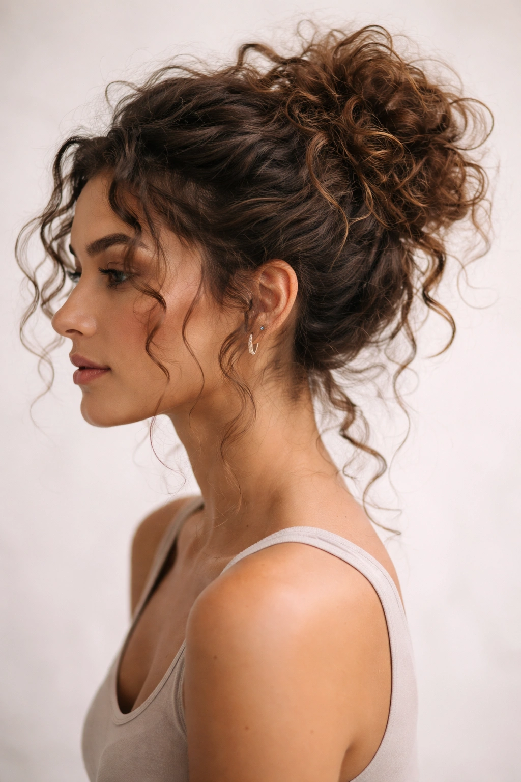 Portrait of a person with a messy curly updo and loose tendrils