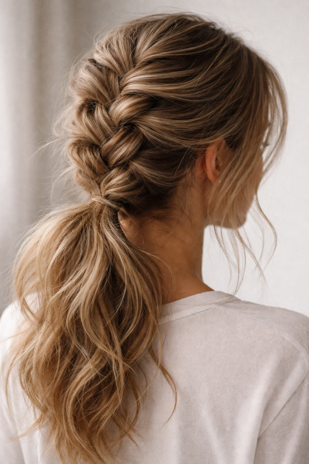 Close-up of a messy Dutch braid ponytail with undone texture.