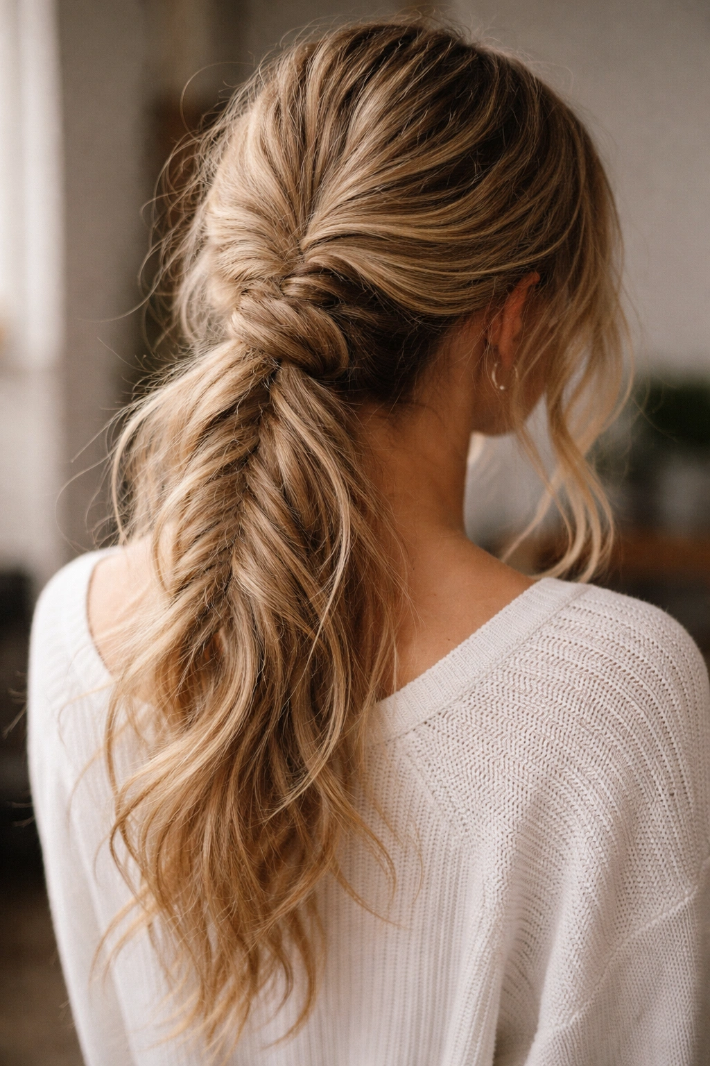 Messy fishtail ponytail with texture and loose strands.