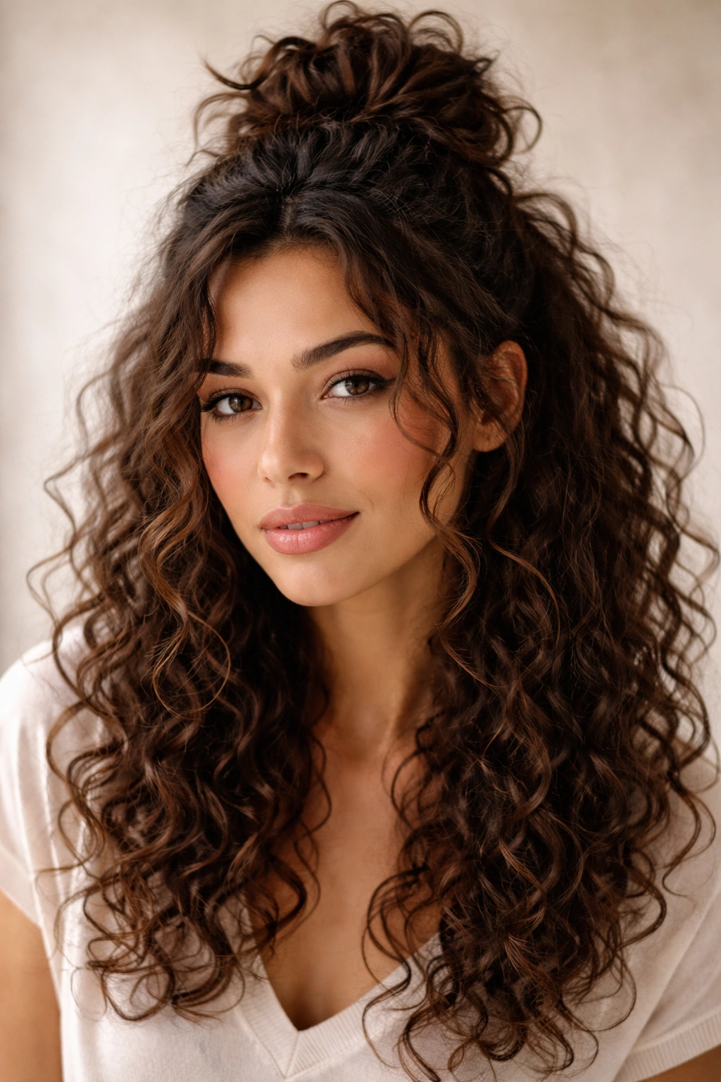 Curly hairstyle with a loose high bun and face-framing curls around the face