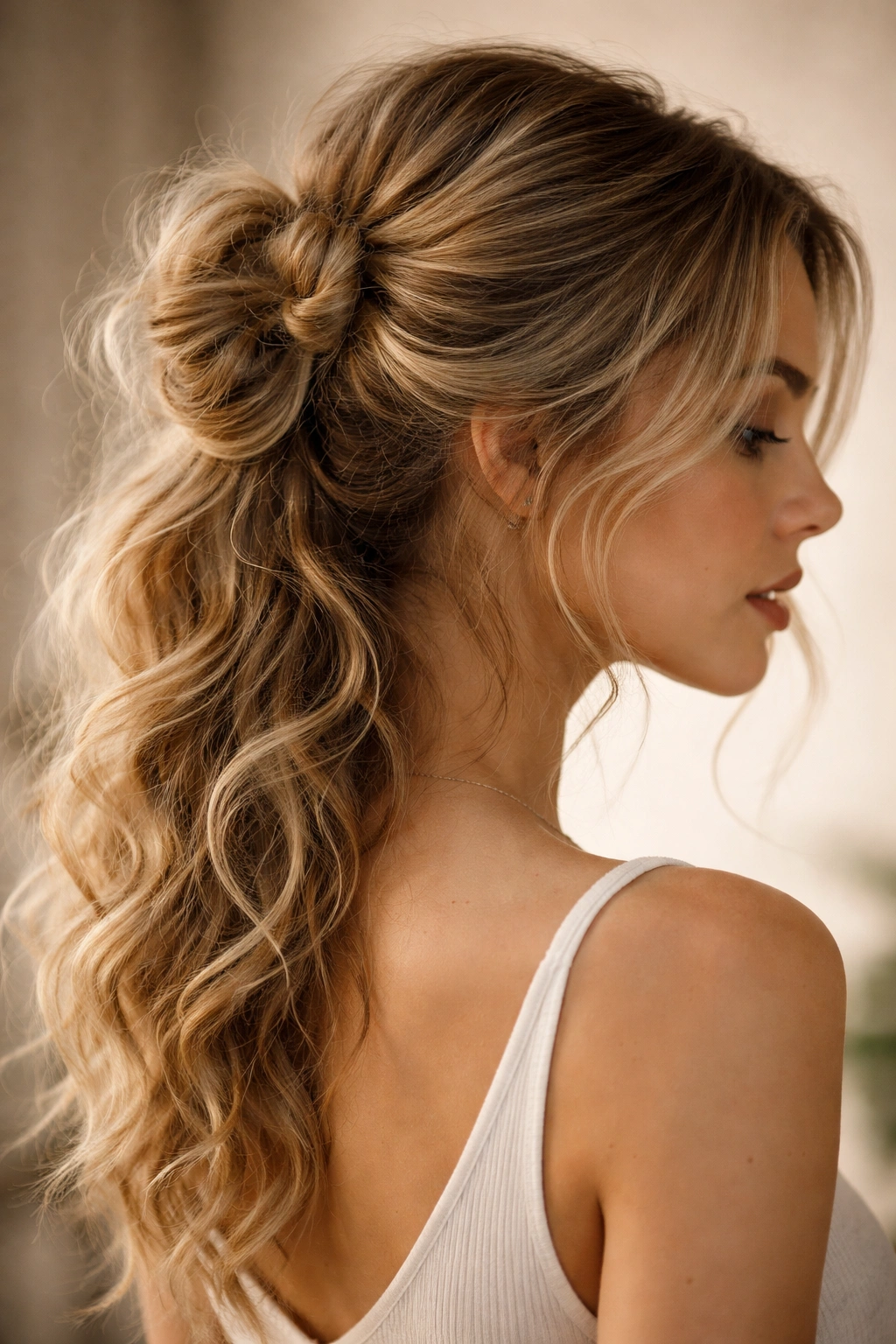 Side view of a messy knot updo with cascading waves on wavy hair