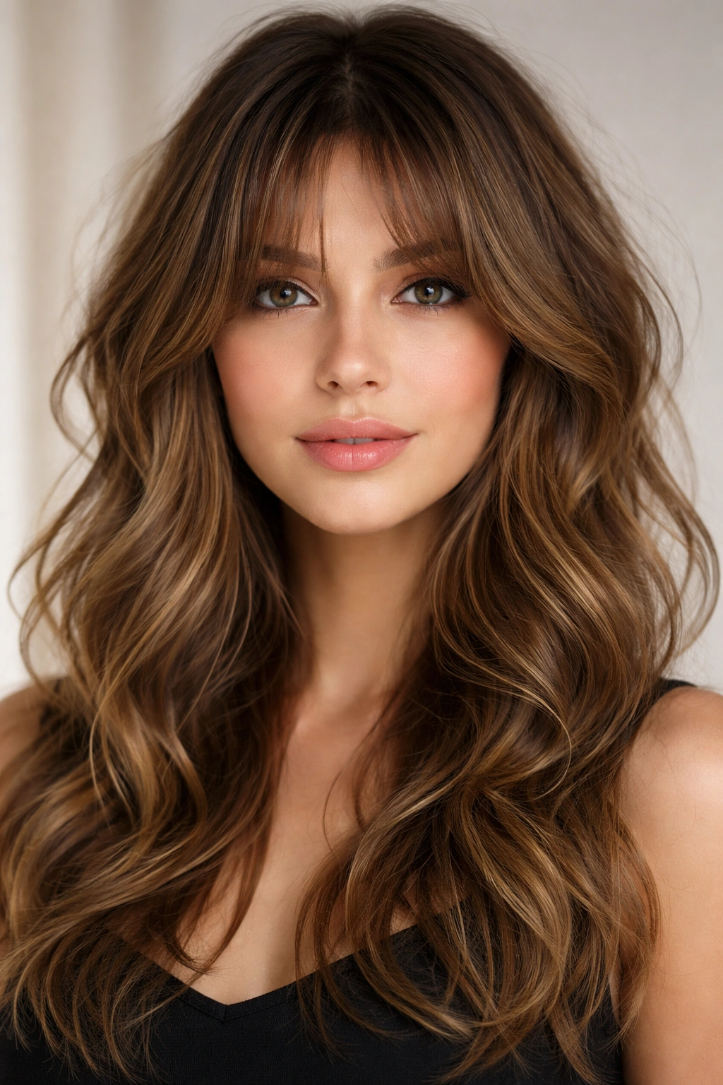 Close-up of hair with messy layered waves and curtain-style wispy bangs framing face