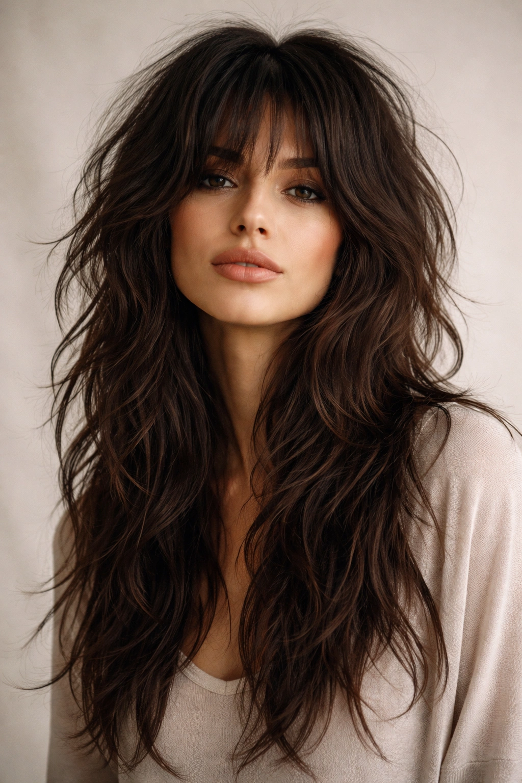 Thick-haired model with messy lived-in wolf cut showing texture and layers