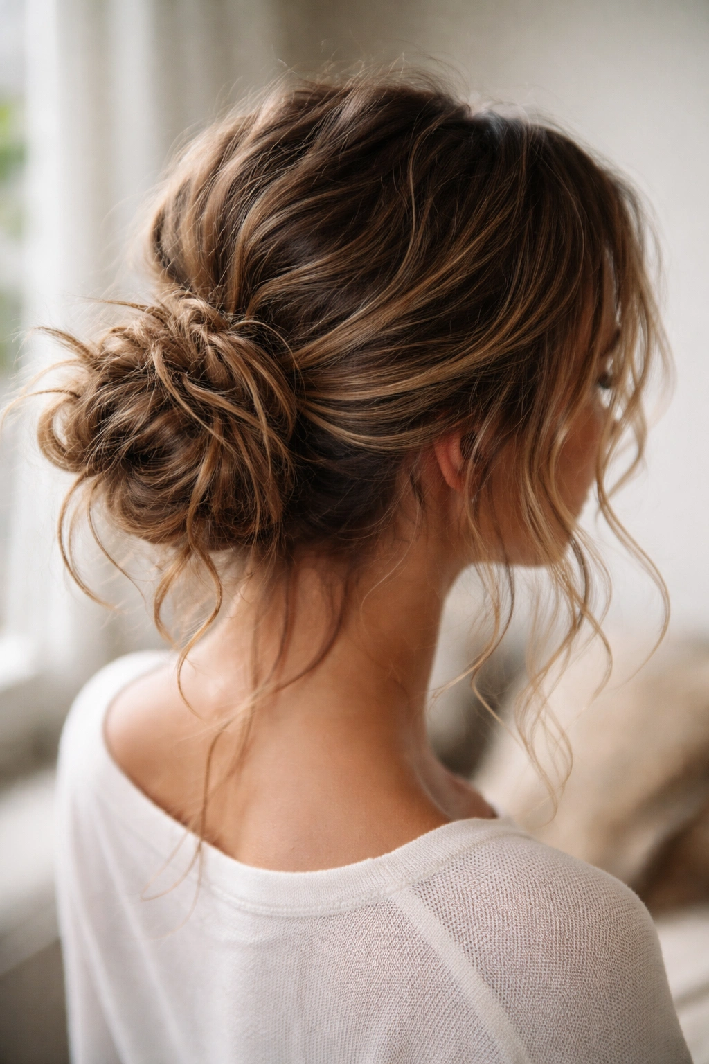 Messy low bun with textured pieces and visible waves