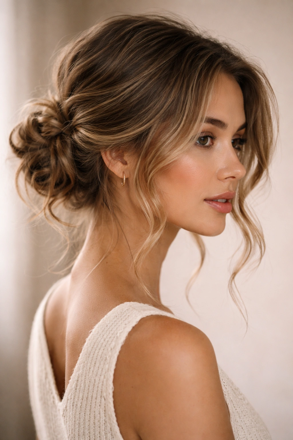 Close-up of messy low bun with face-framing waves in warm studio light