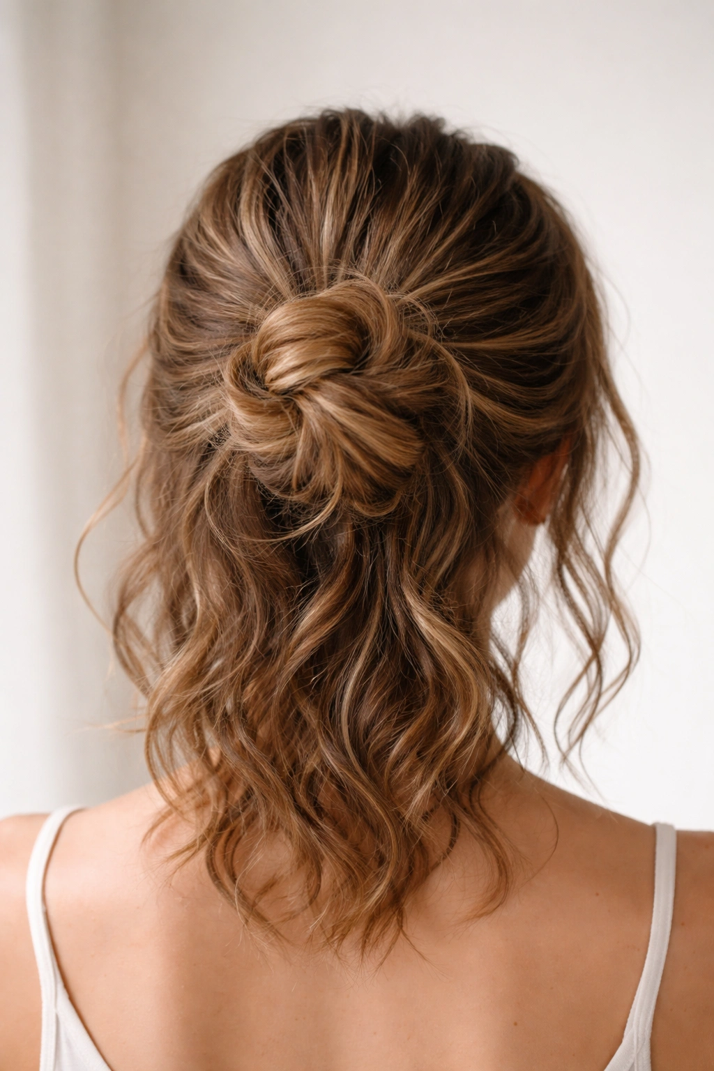 Centered messy middle bun with visible waves