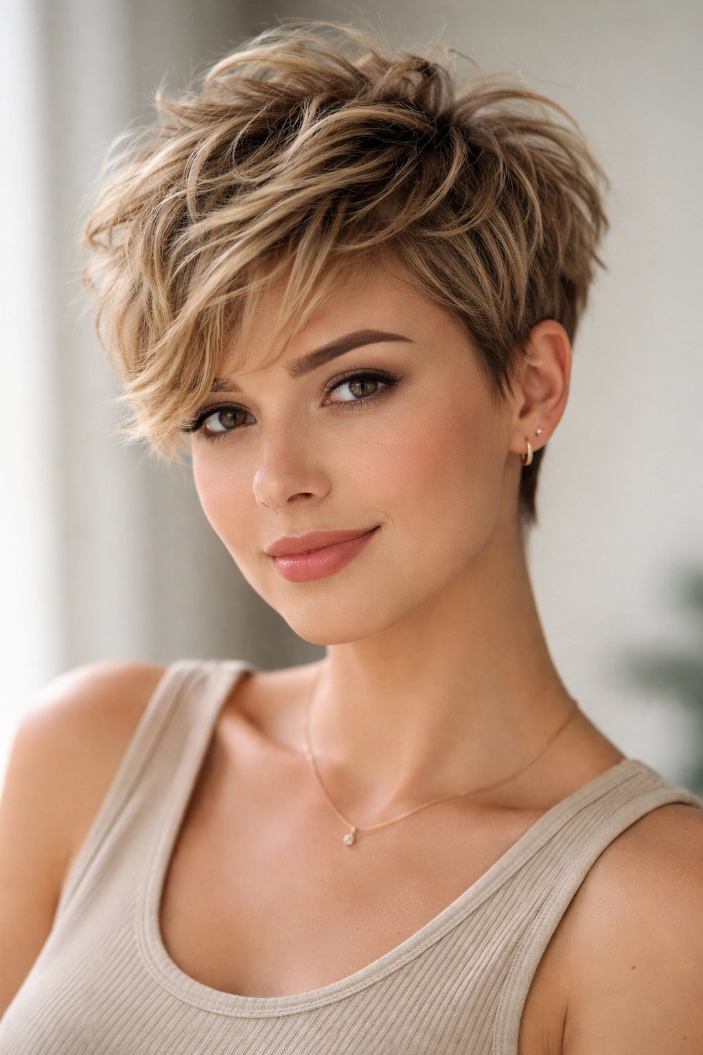 Messy textured pixie with voluminous top and short sides
