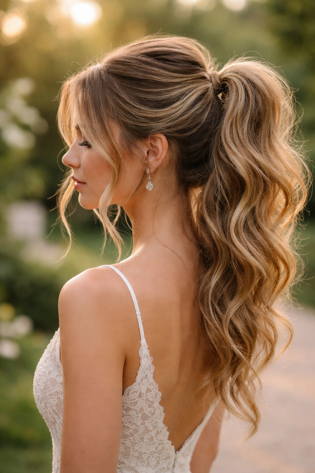 Close-up of a textured messy ponytail with wisps around the face in a garden setting