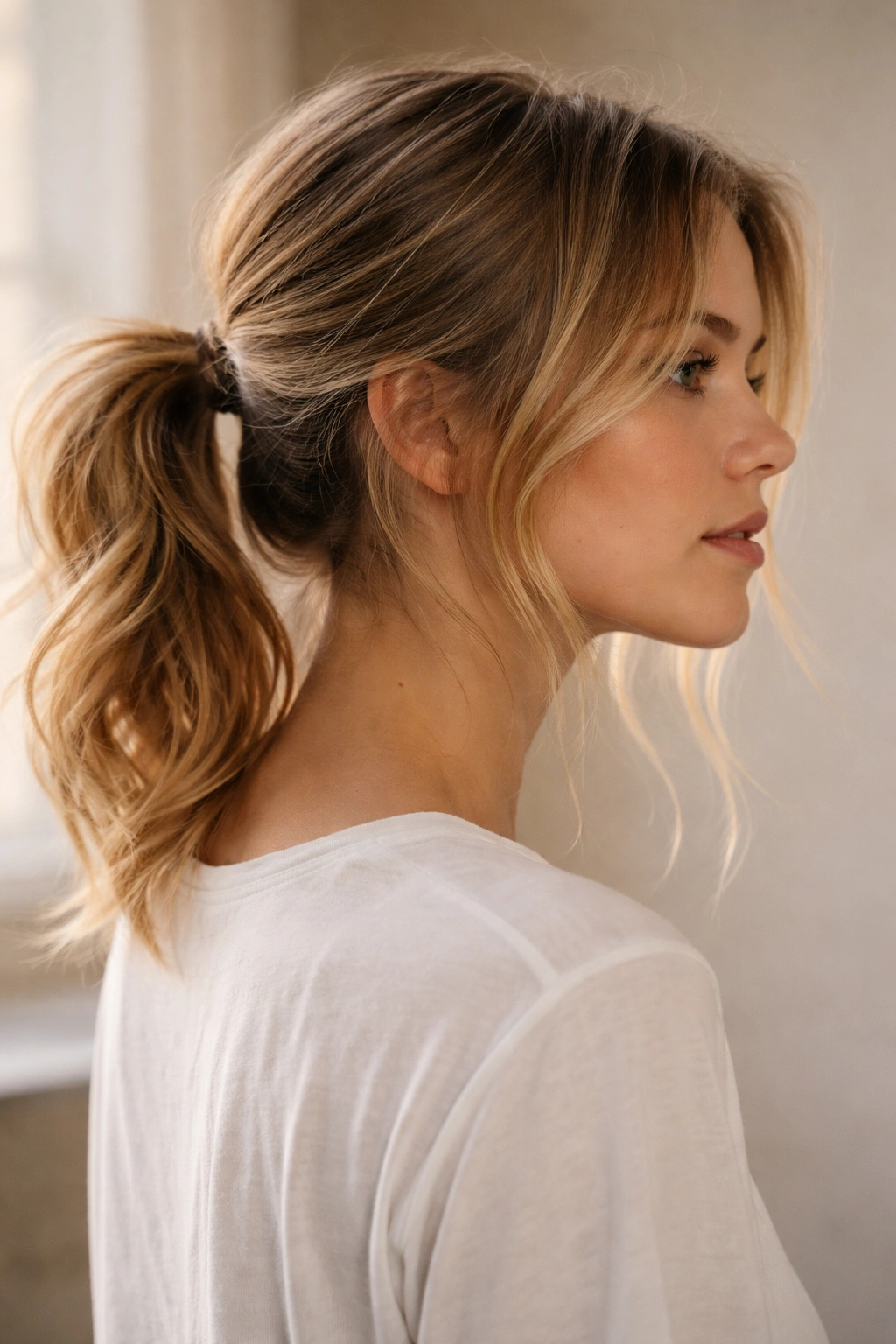 Low messy ponytail with face-framing strands around the face on short hair.