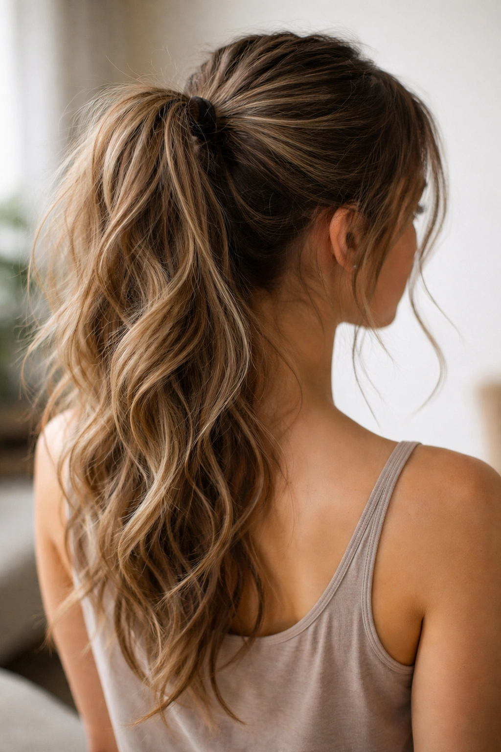 High ponytail with loose, textured waves and face-framing strands.