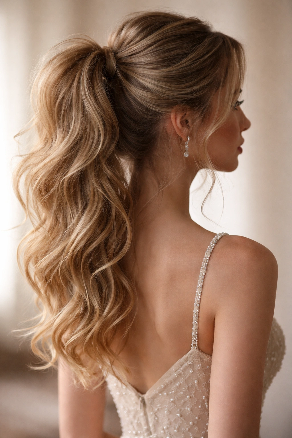 High pony with loose waves and a slightly undone, romantic texture