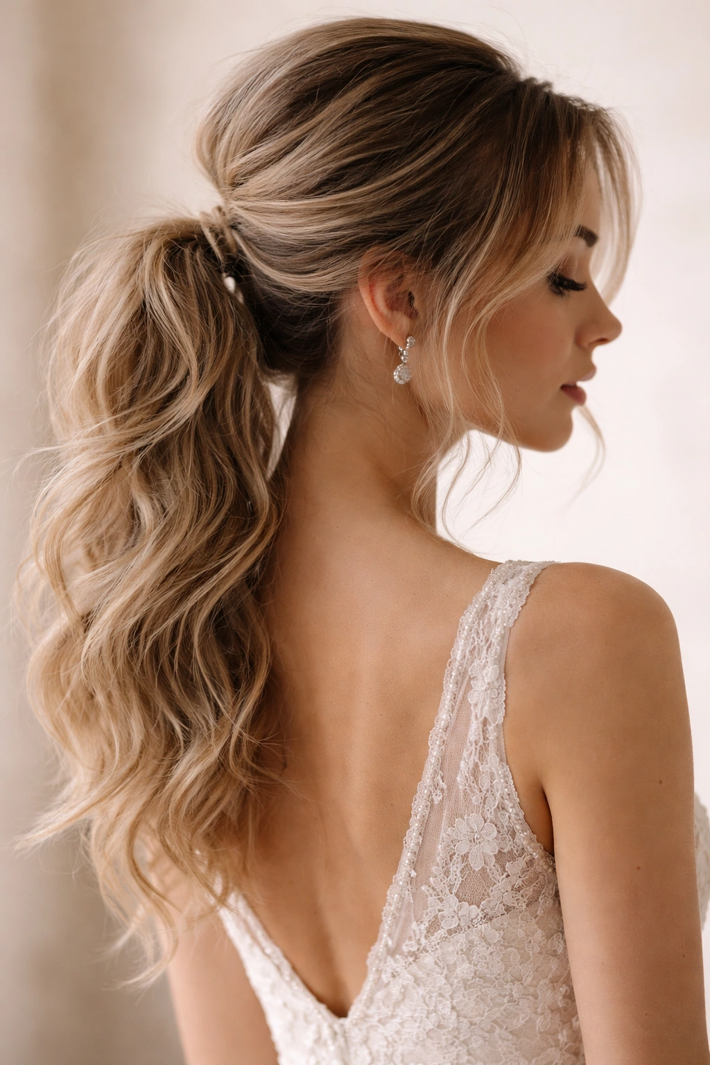 Back and side view of The Messy Romantic Ponytail with loose waves and wispy pieces