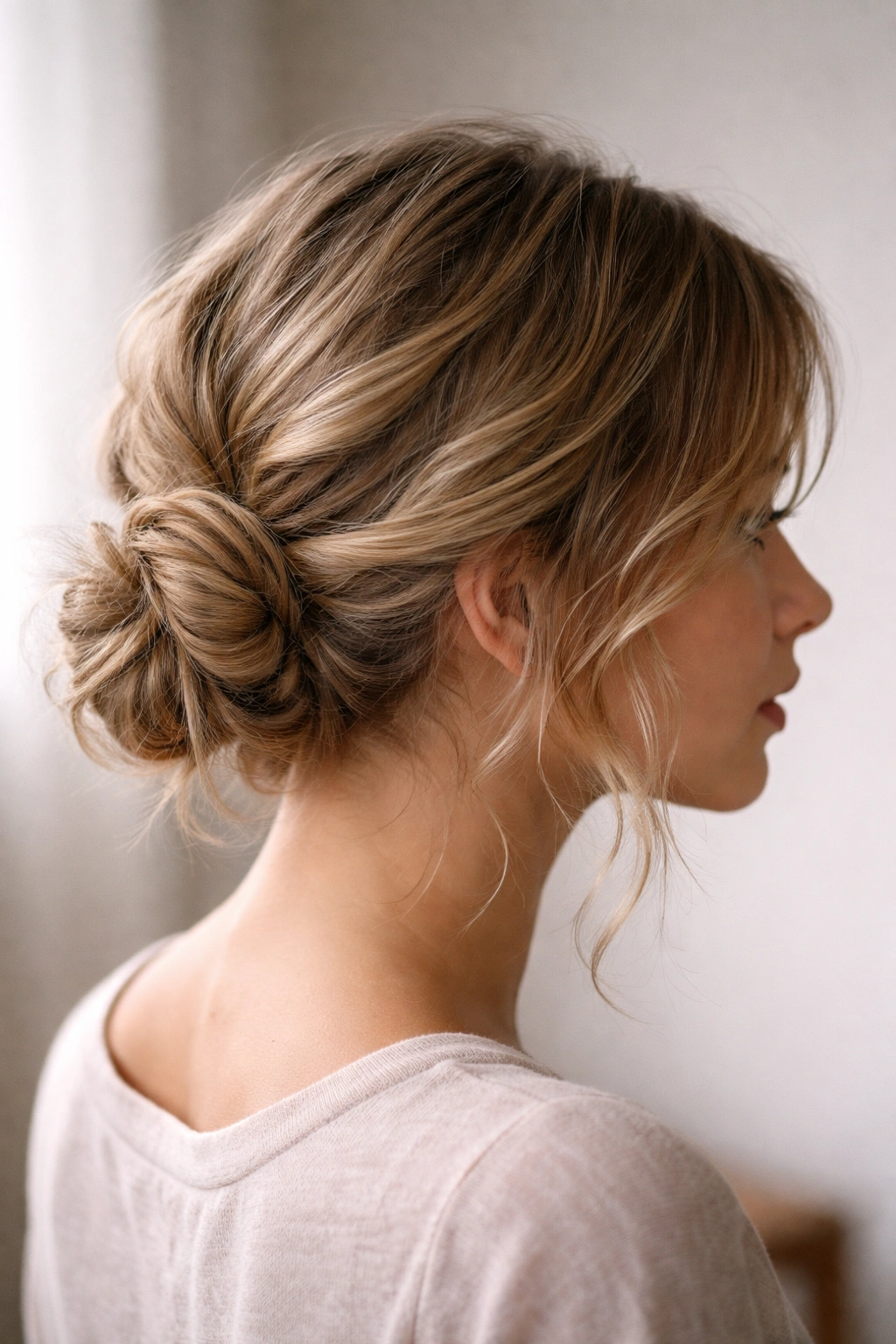 Side view of a loose, messy side knot on wavy hair