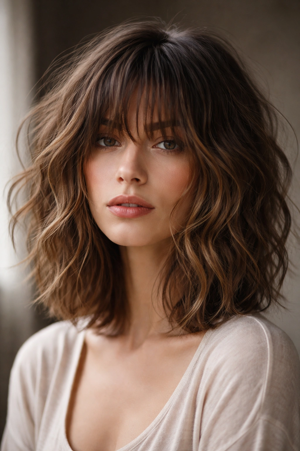 Messy textured bob with undone bangs on a head form in a studio