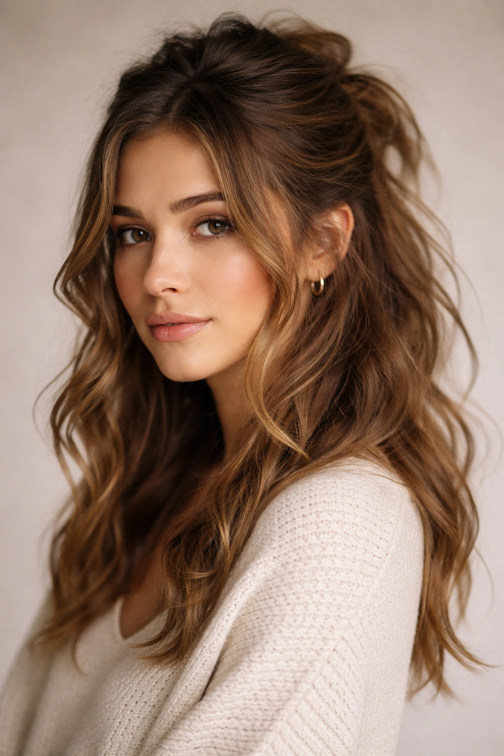 Off-center half-up with undone textured waves