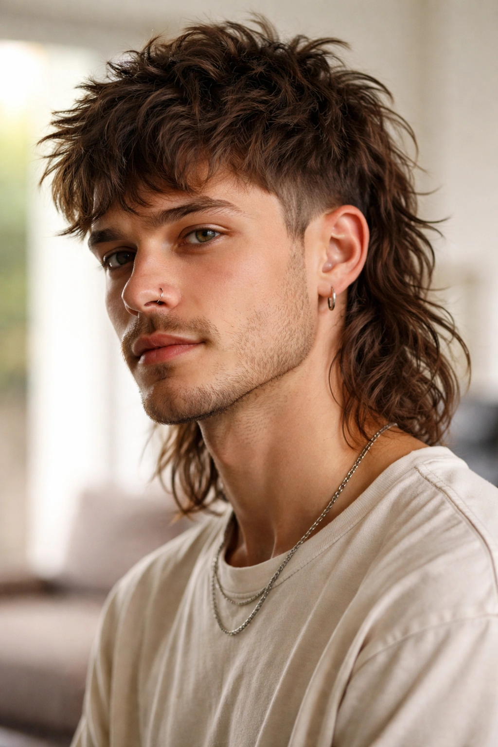 Portrait of a person with messy textured mullet featuring a choppy top and longer back in natural light