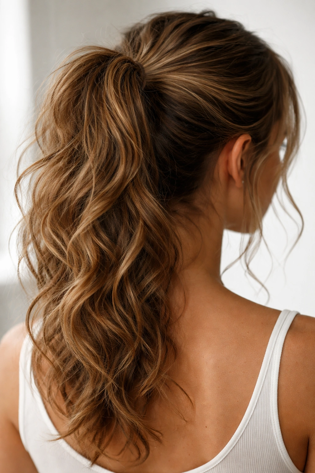 Rear view of a messy textured ponytail with loose strands and waves