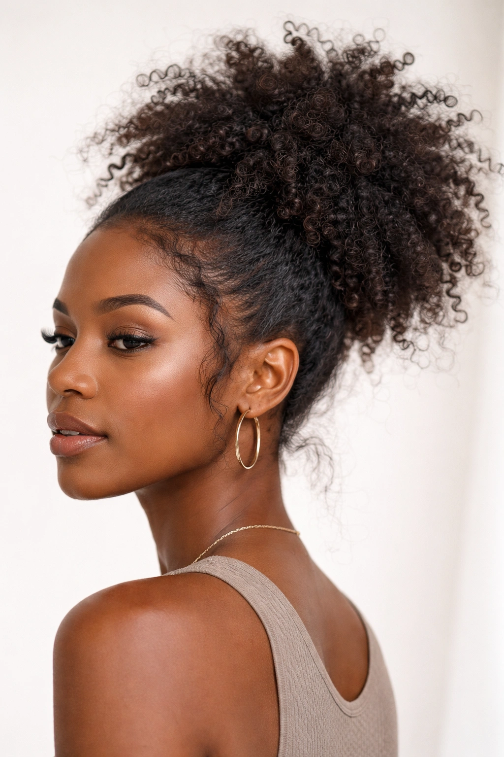 Messy textured afro puff with visible coils and flyaways