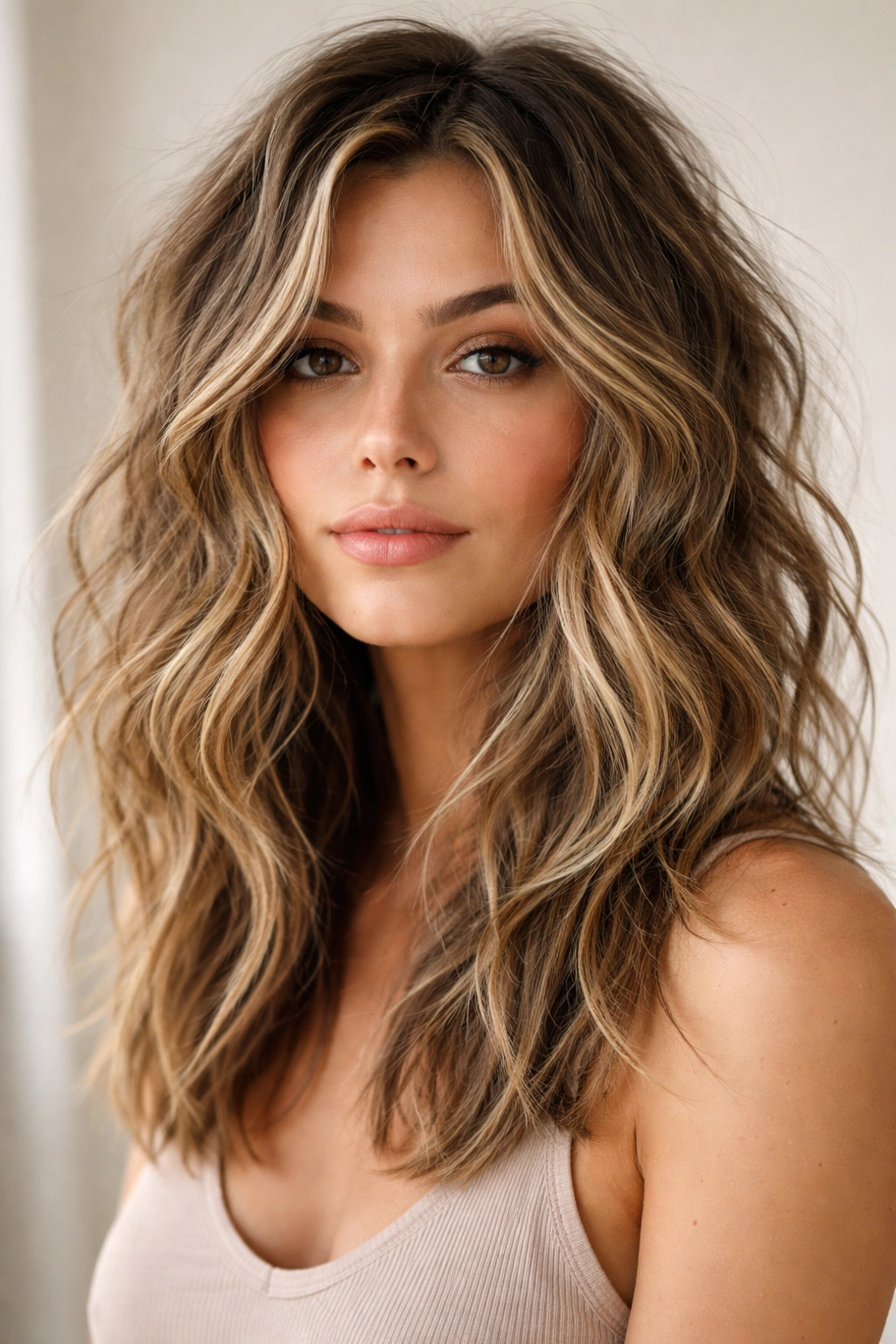 Close-up of a model with messy textured waves and layered hair