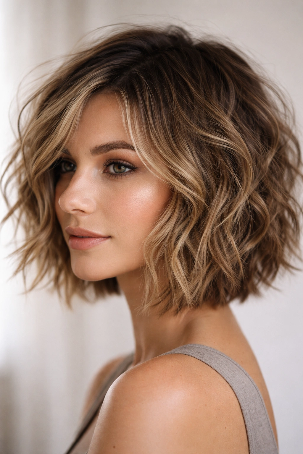 Messy textured wavy bob with choppy layers and tousled waves