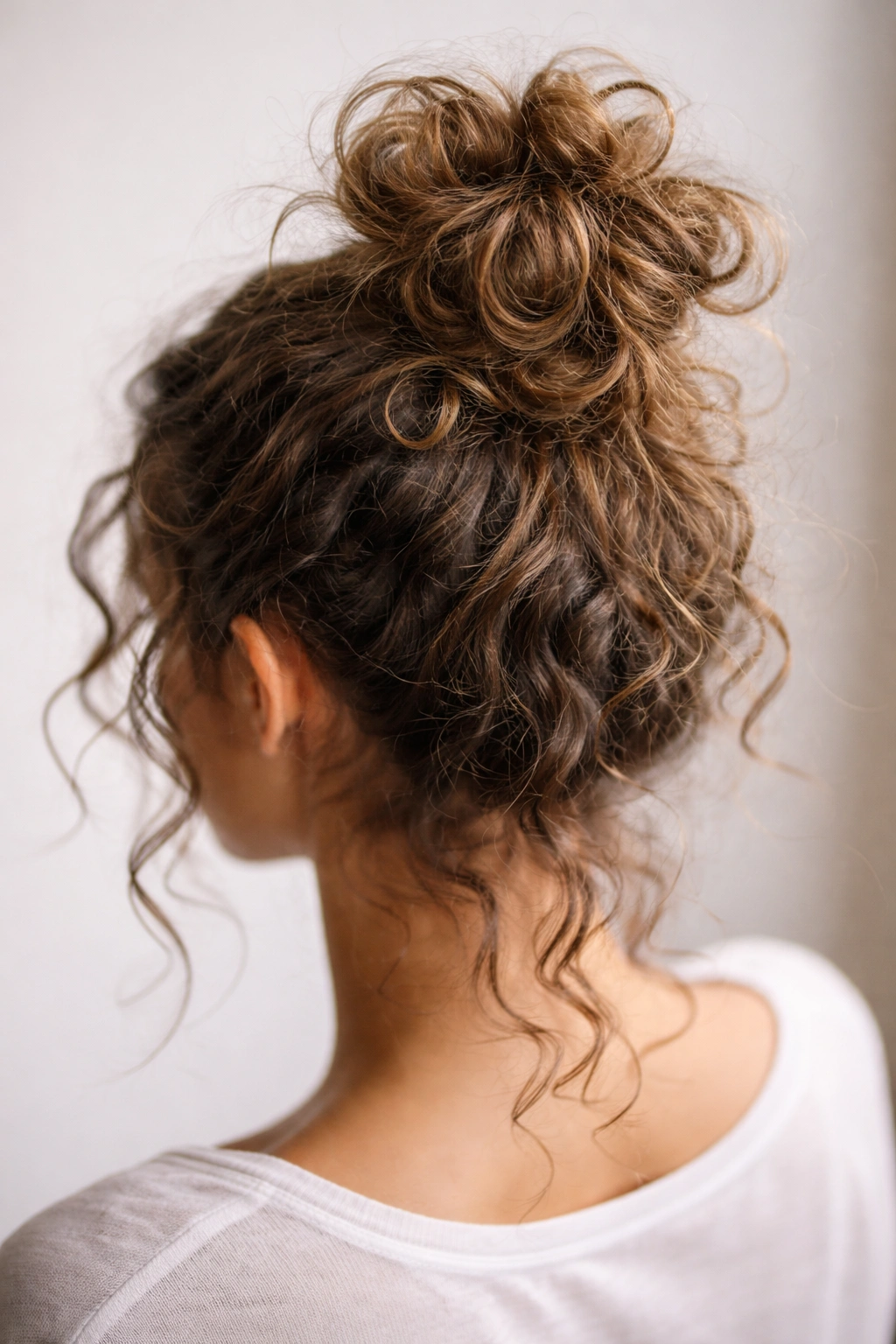 Messy top knot on curly hair with visible texture