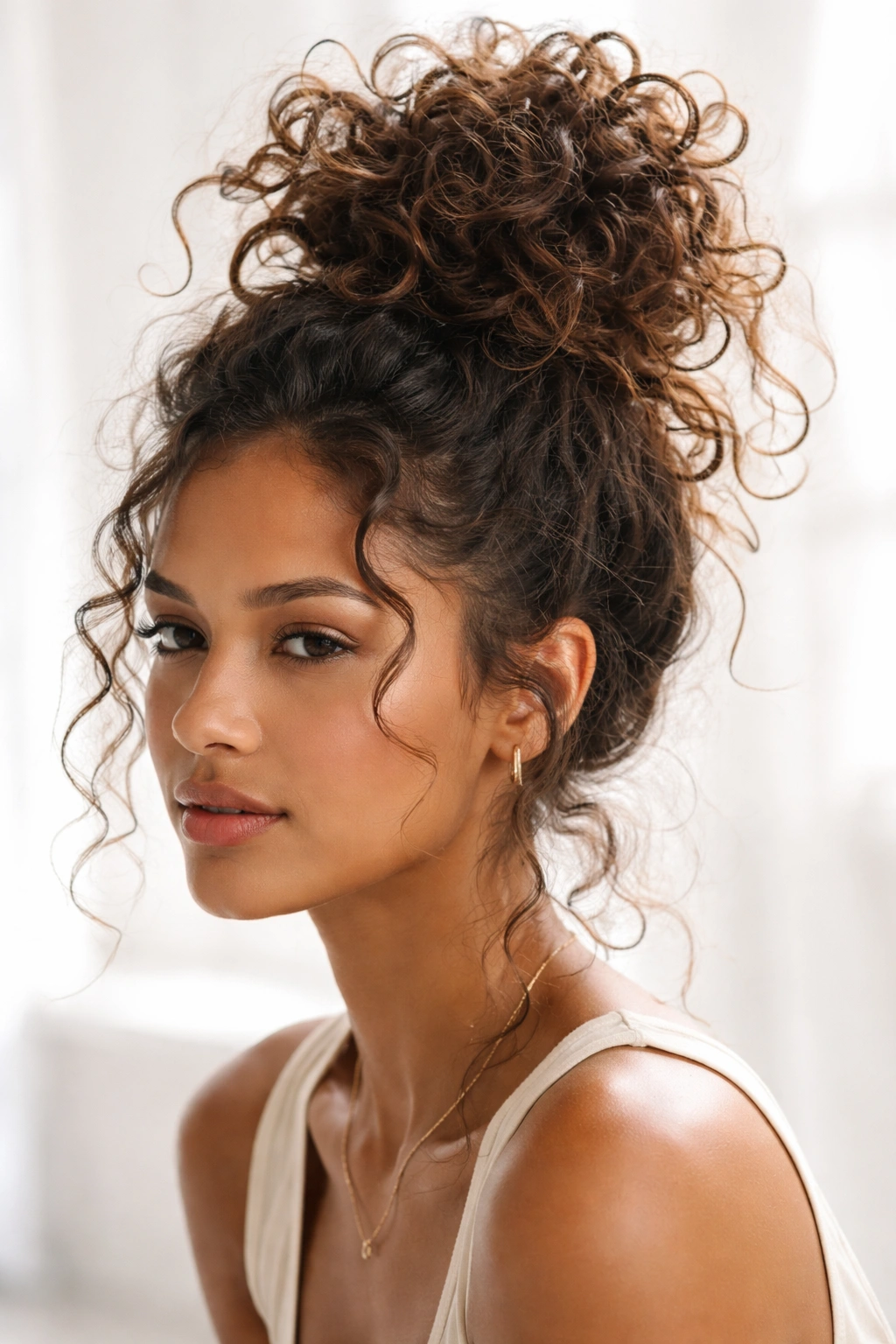 Messy top knot with voluminous, textured curls.