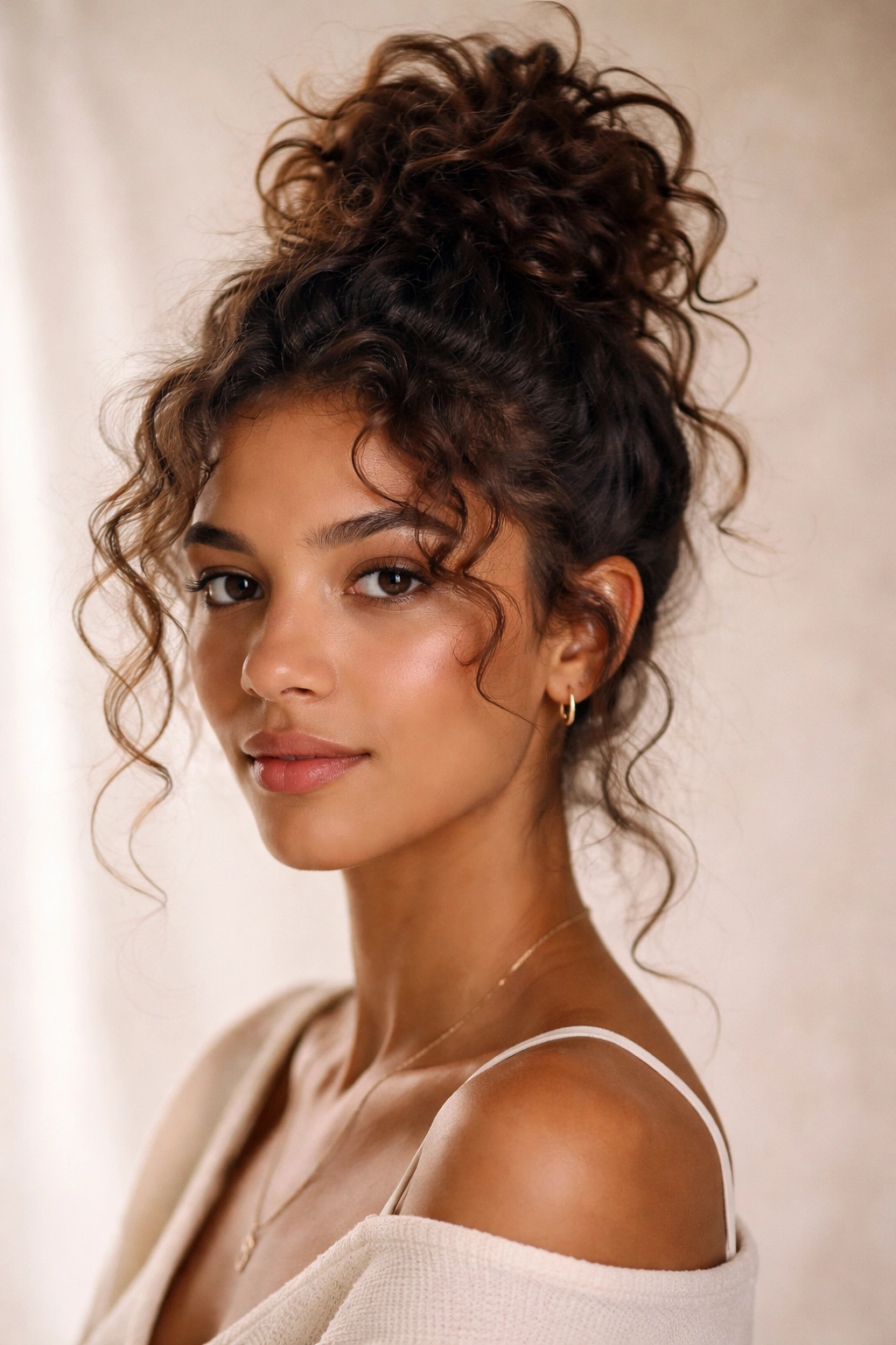 Messy curly topknot with textured, loose strands