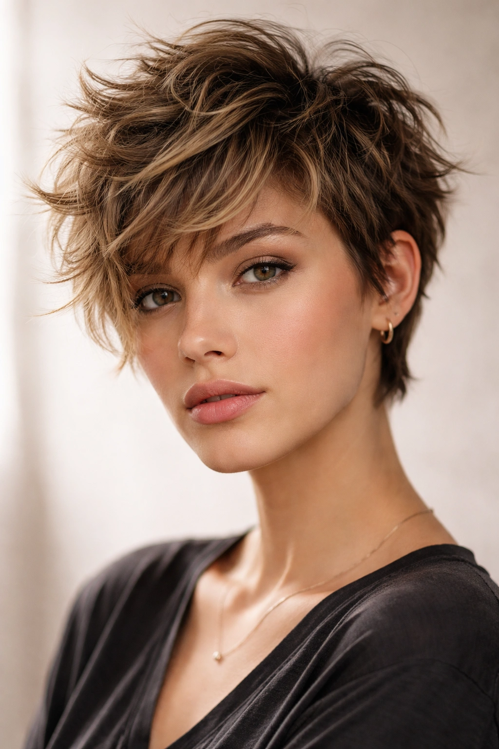 Portrait of a model with a messy tousle top and longer sides