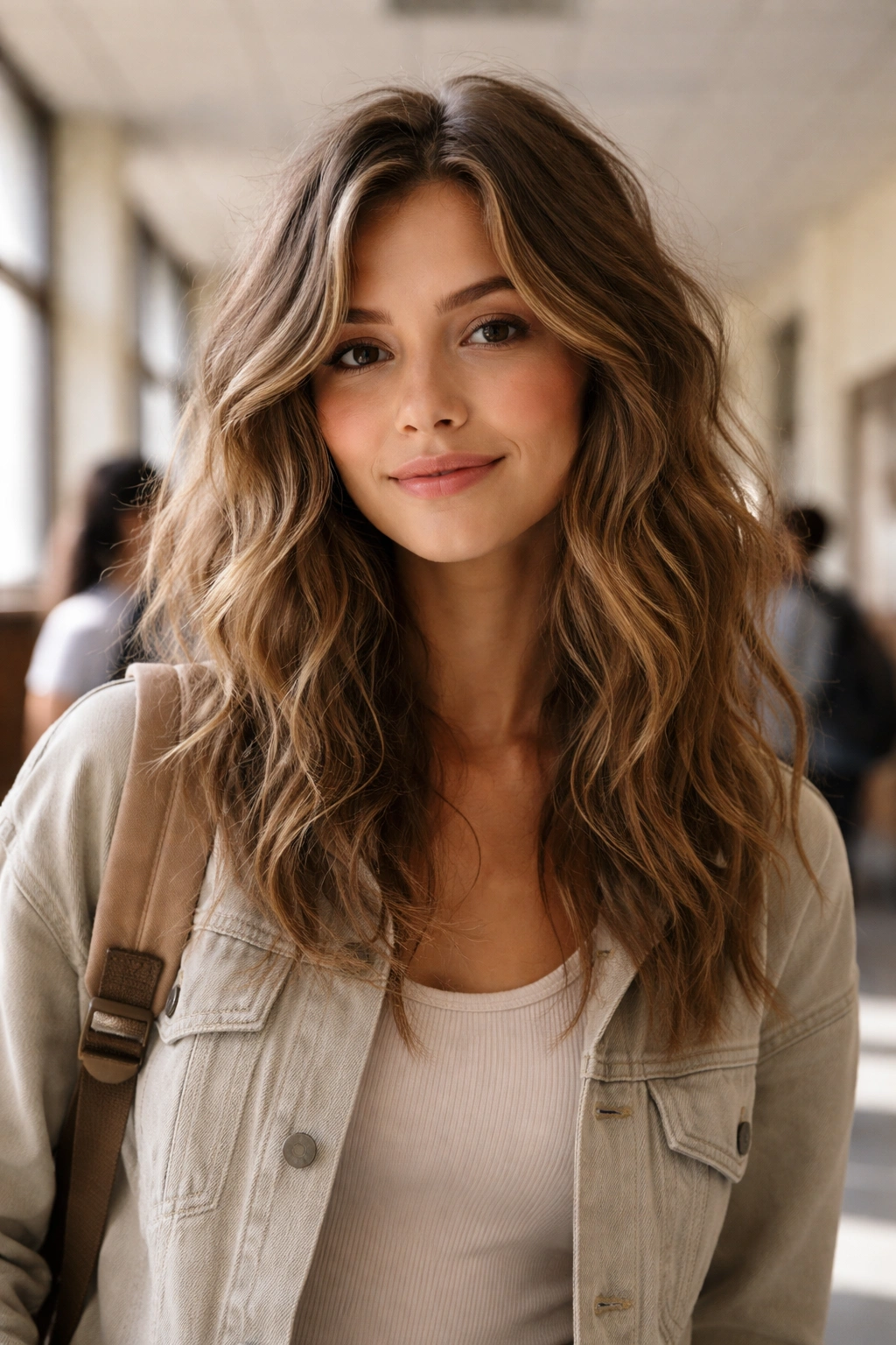 Tousled messy waves with natural movement in a school setting