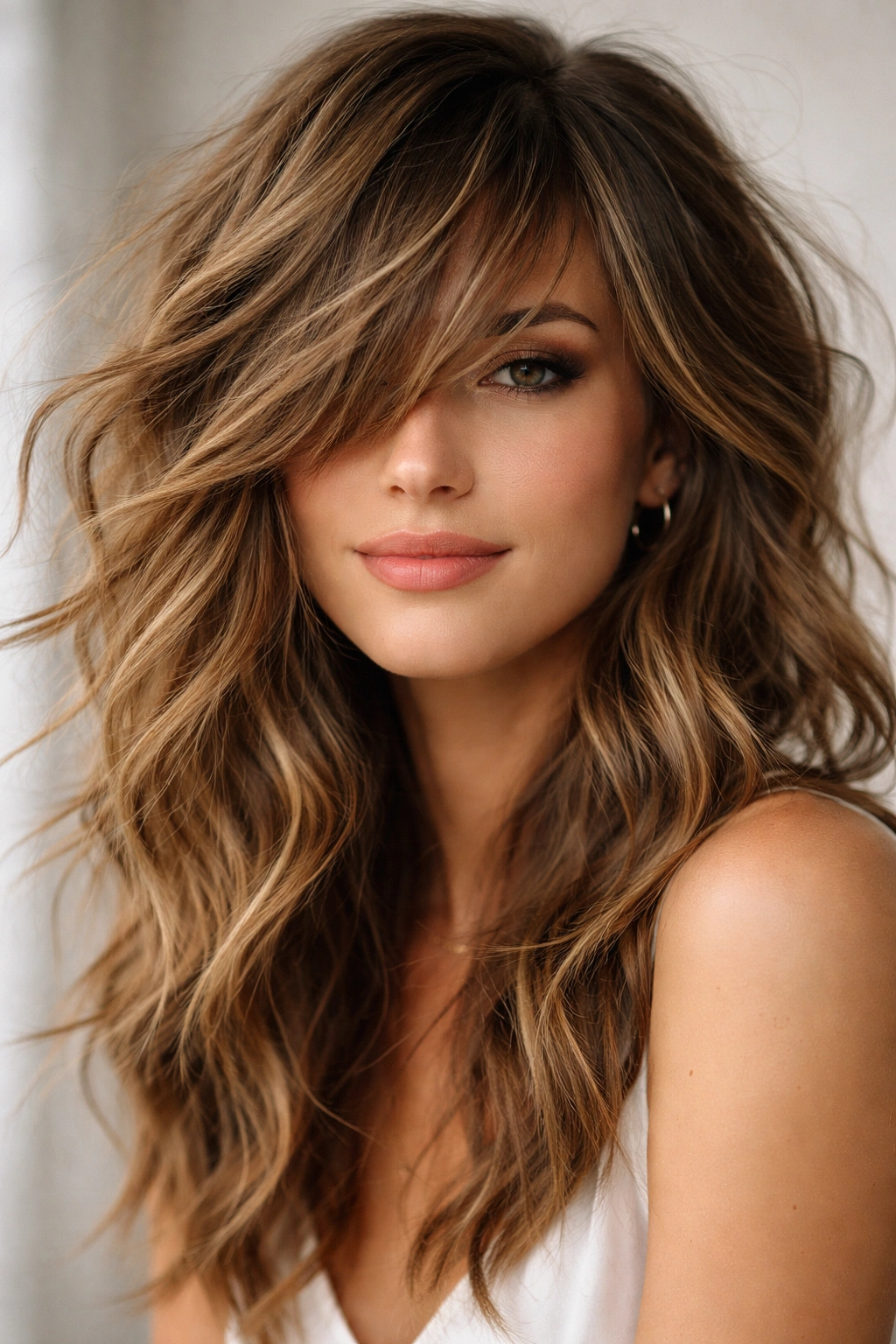 Messy textured waves with side-swept bangs