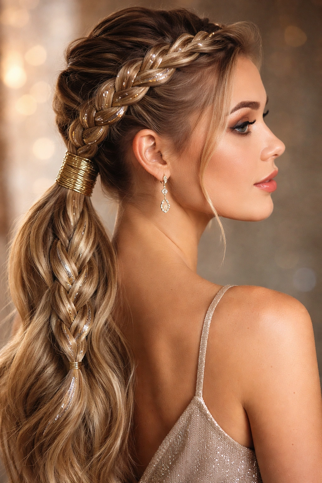 Double braided ponytail with metallic accents catching light