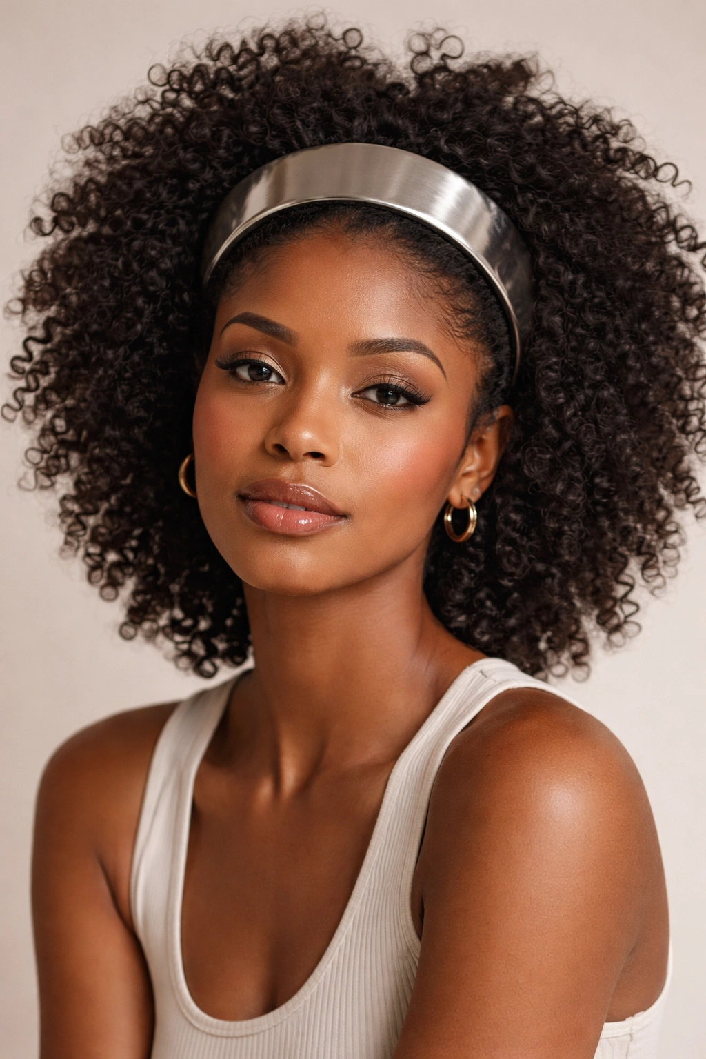 Afro hair with metallic headband, bold fashion statement and visible texture.