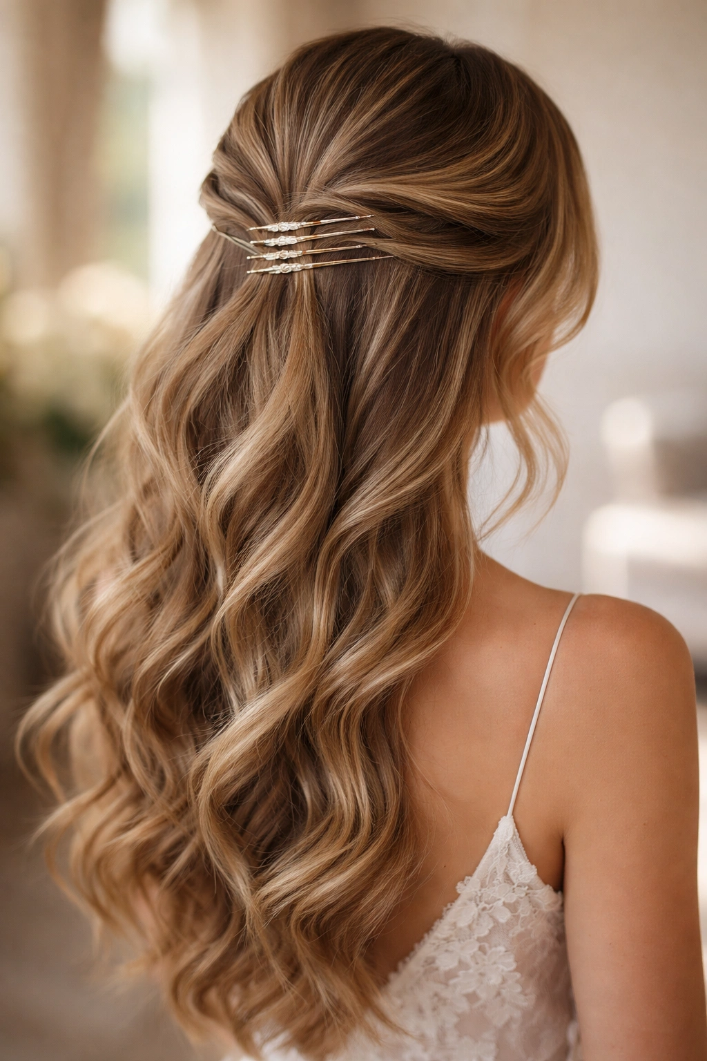 Half-up hairstyle secured with visible metallic hairpins