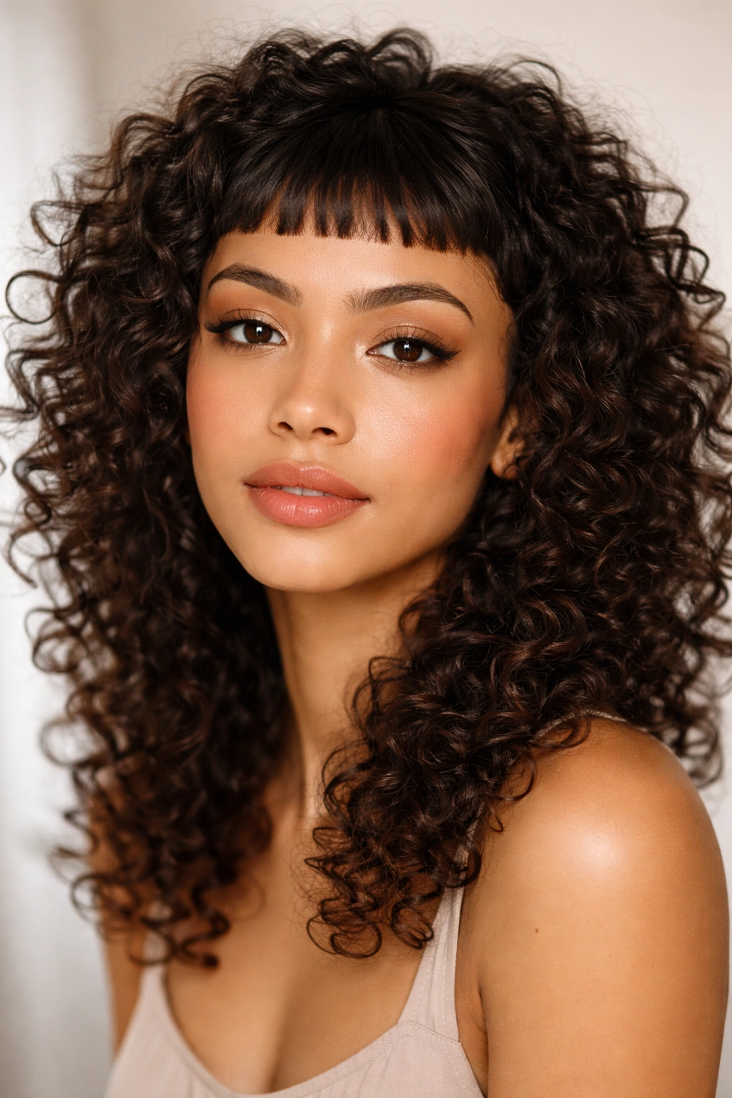 Portrait featuring micro bangs on curly hair