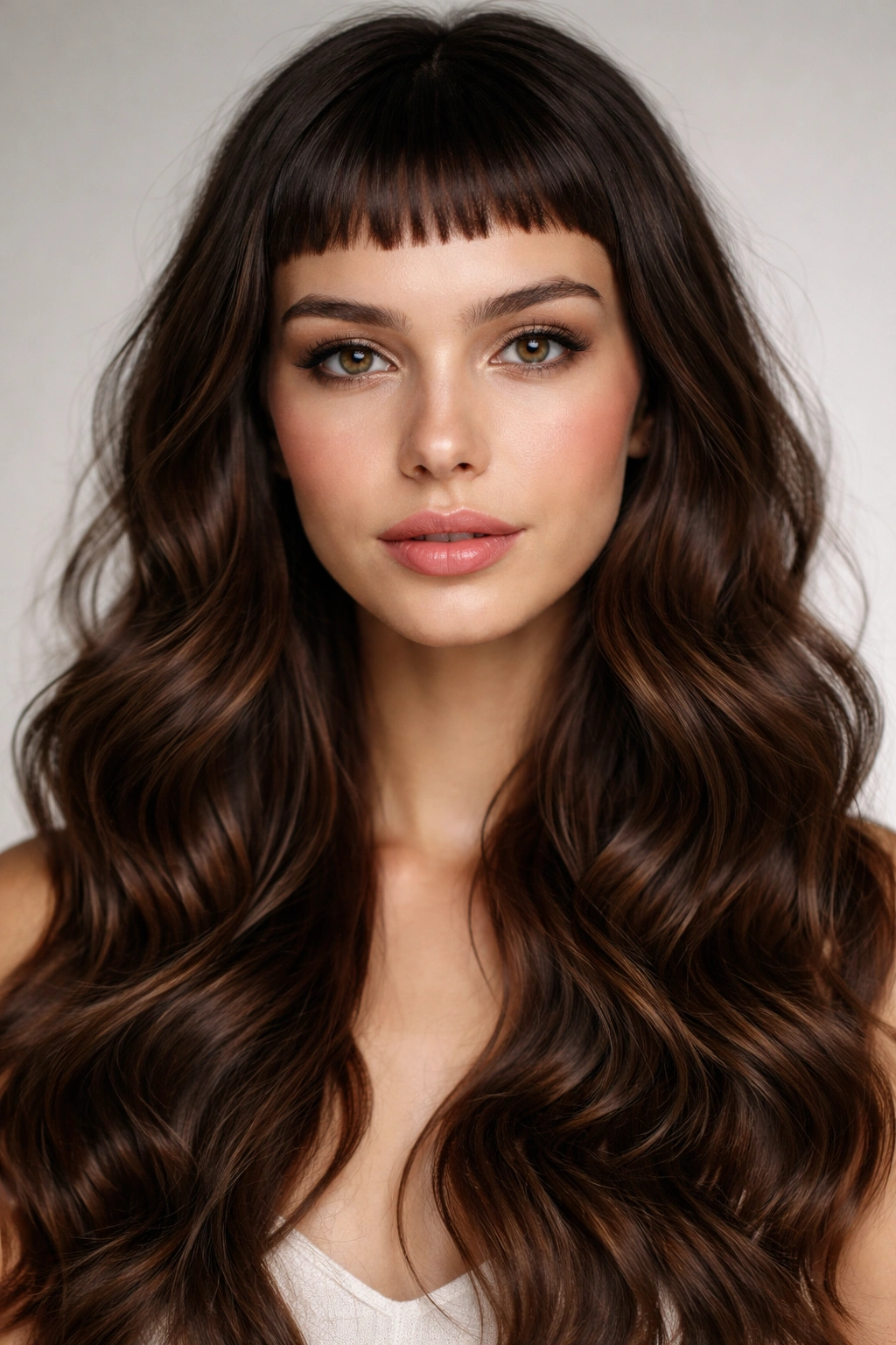 Close-up of a model with micro bangs and full waves on an oval face