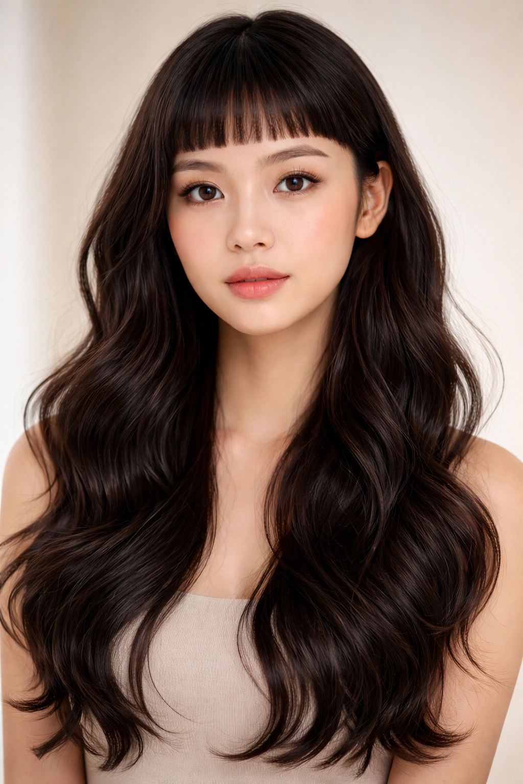 Close-up portrait showing micro bangs with long waves in a Korean wavy hairstyle.