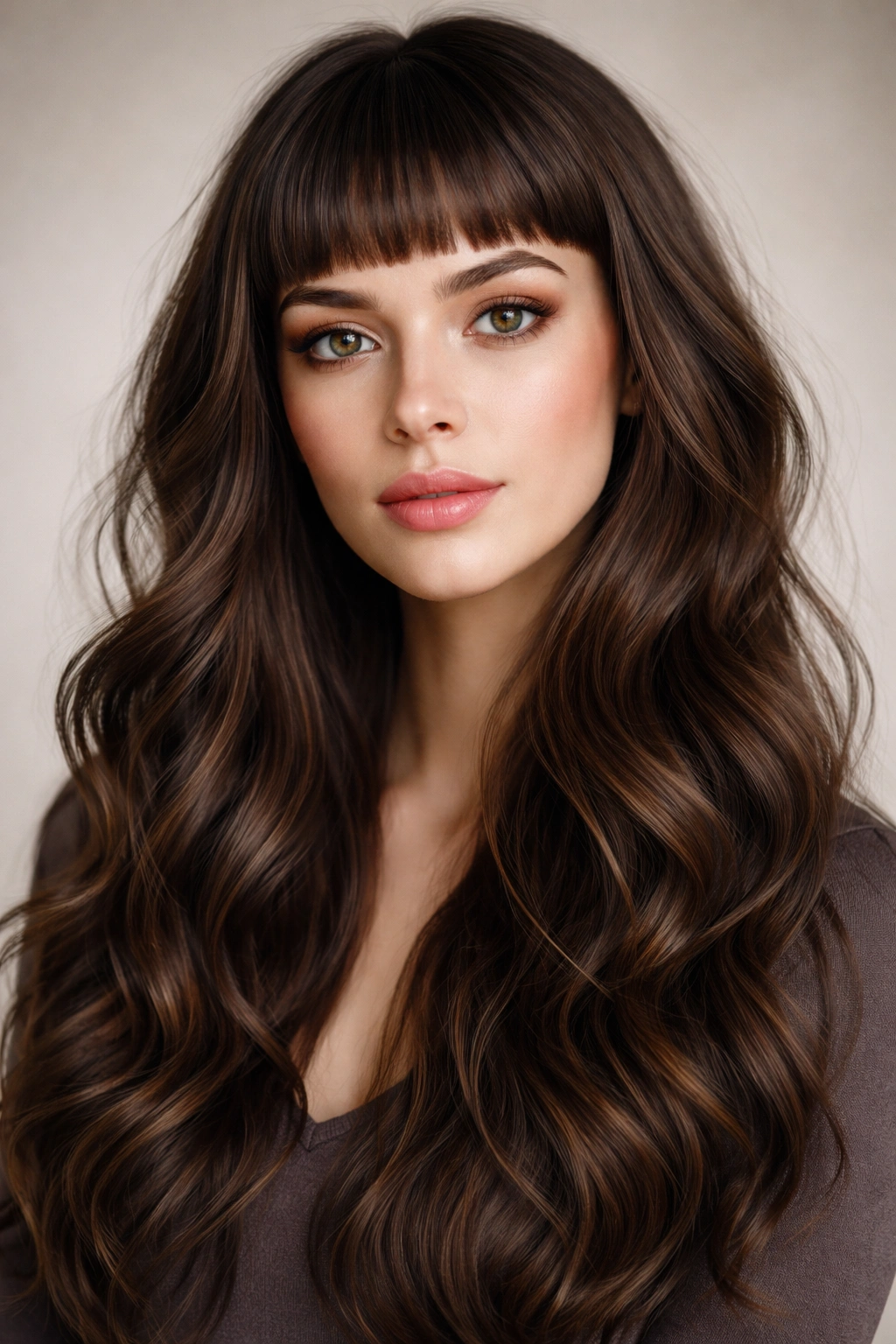Close-up of long wavy hair with blunt micro bangs framing the face.