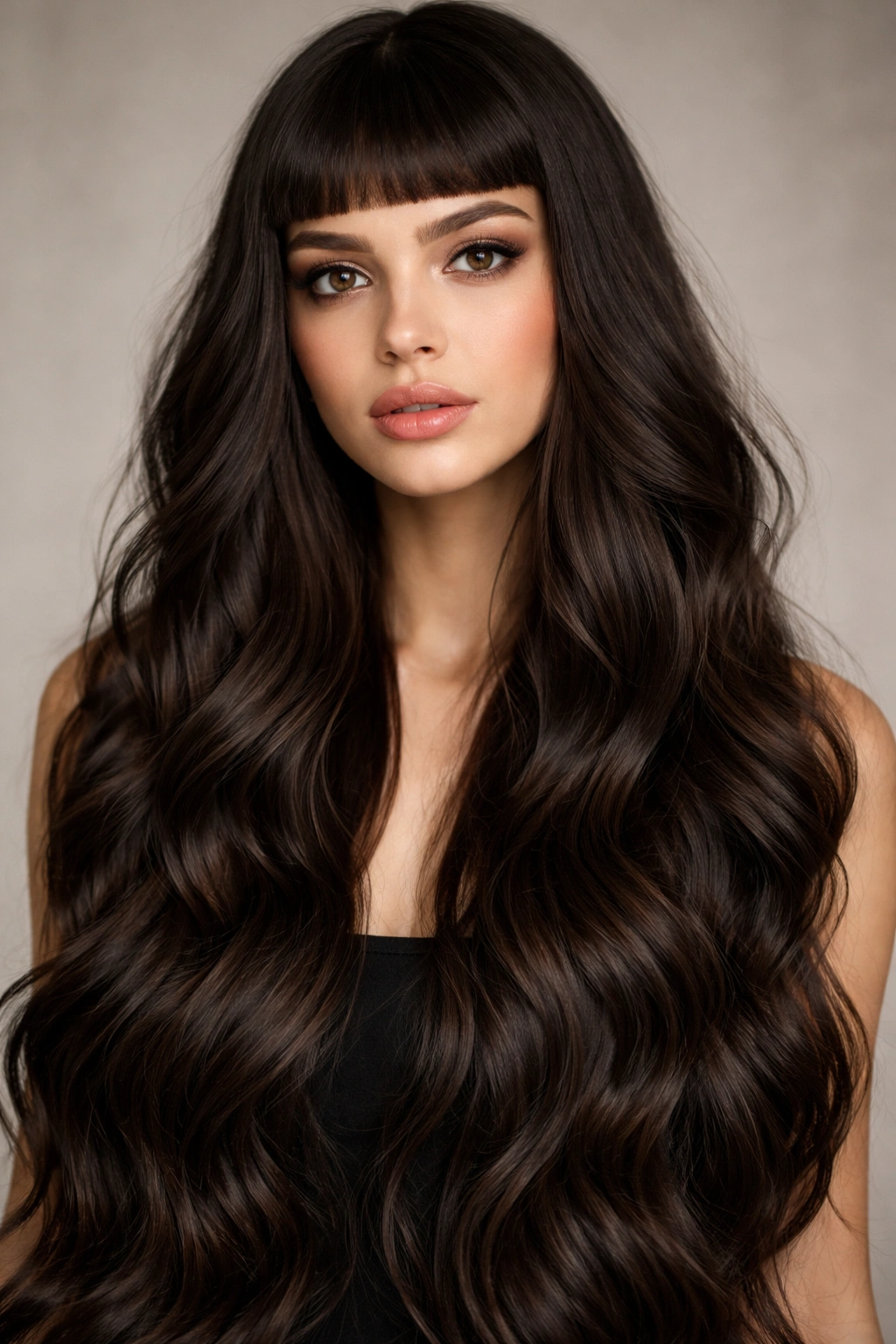 Dark brown hair with micro bangs and long waves