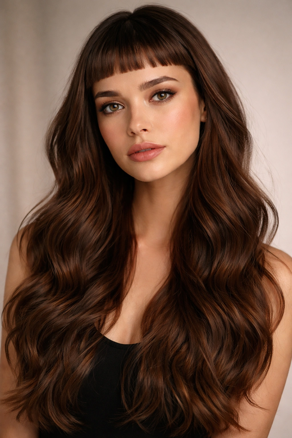 Close-up of micro bangs with long waves on a model in a studio