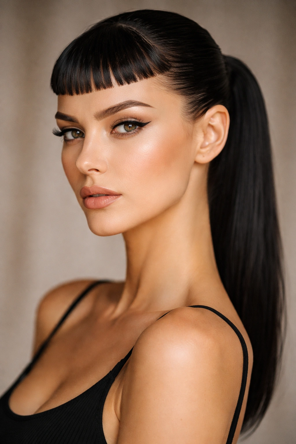 Portrait of micro bangs and sleek low ponytail on angular-face model.