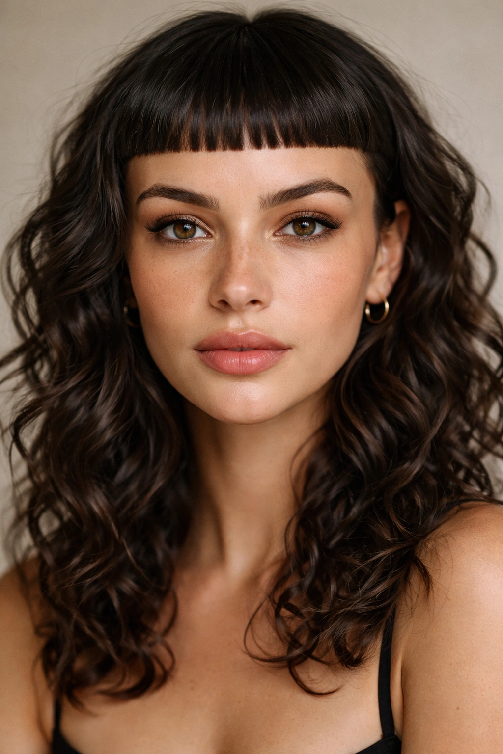 Close-up of micro bangs on a model's forehead with a blunt short bang line.
